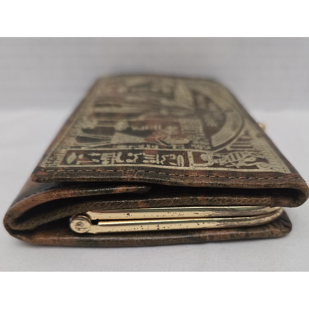 Vtg 70s Egyptian Camel Leather Trifold Wallet Purse Gold Embossed Pharaonic Art - Picture 4 of 13
